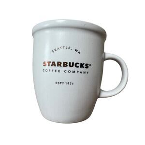 Starbucks Abbey 12 OZ Coffee Mug, 2016; White Mug with Gold Iridescent logo